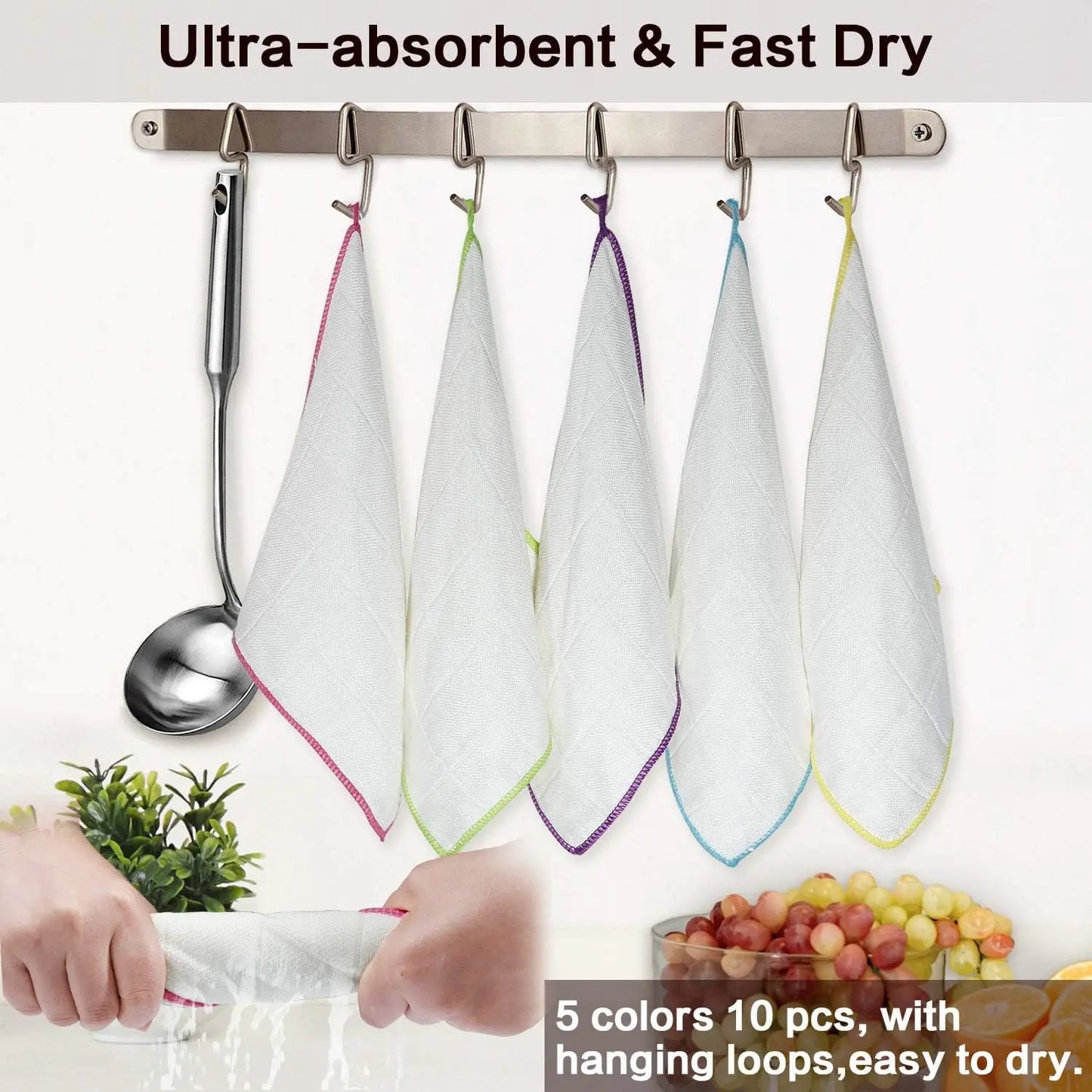 5/10Pcs Dishcloths Bamboo Dish Cloths Towels 12" X 12" Kitchen Wash Cloths Machine Washable Cleaning Cloths Absorbent Rags