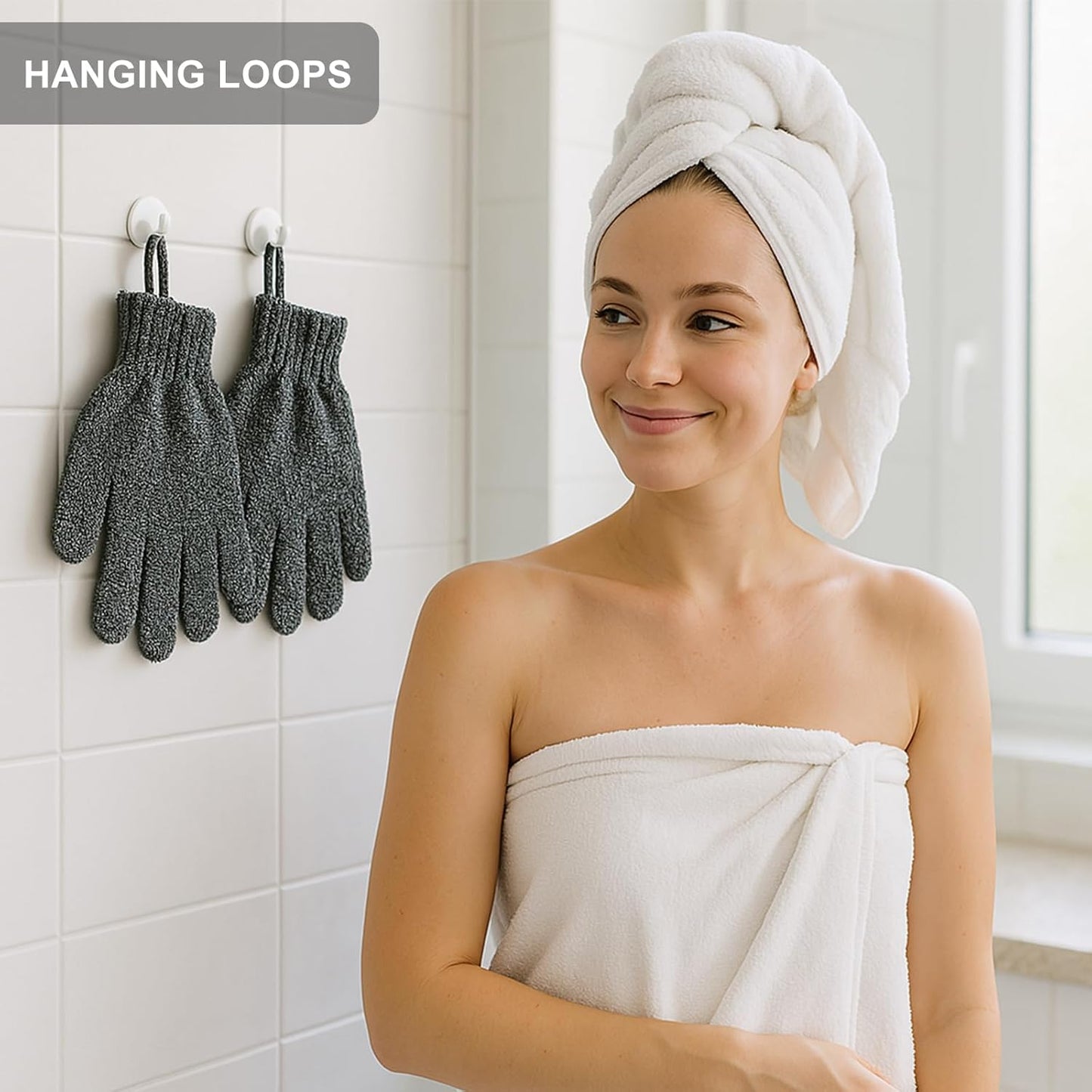 Exfoliating Gloves with Hanging Loop - 1 Pair Bamboo Charcoal Bath/Shower Gloves, Bath Gloves for Shower Exfoliating and Ingrown Hair/Dead Skin Remover - Bamboo Charcoal - Exfoliator Mitt Scrub Gloves
