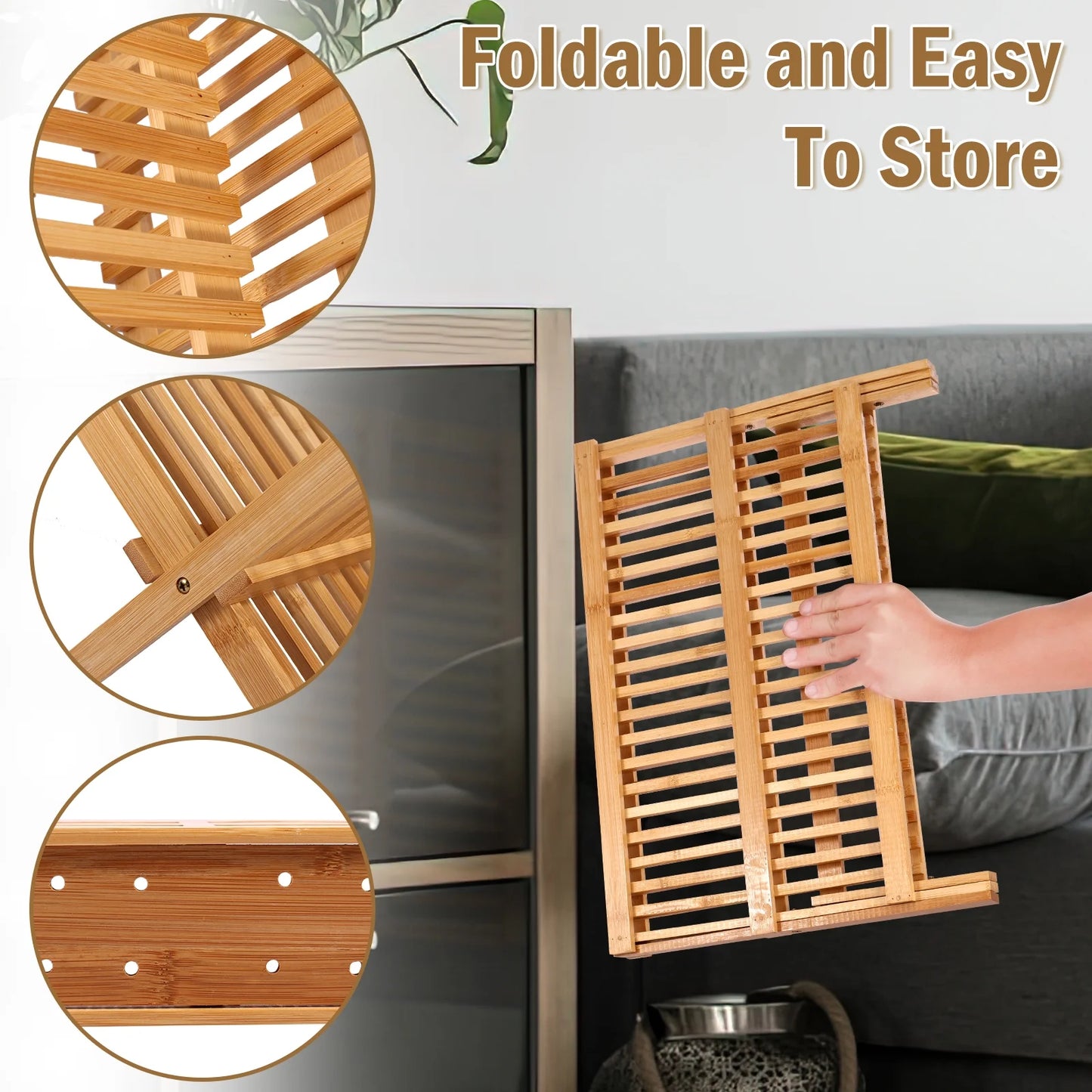 Bamboo Dish Drying Rack with Utensil Holder,Collapsible Wooden Dish Drainer Rack,2-Tier Large Folding Drying Holder for Kitchen Counter