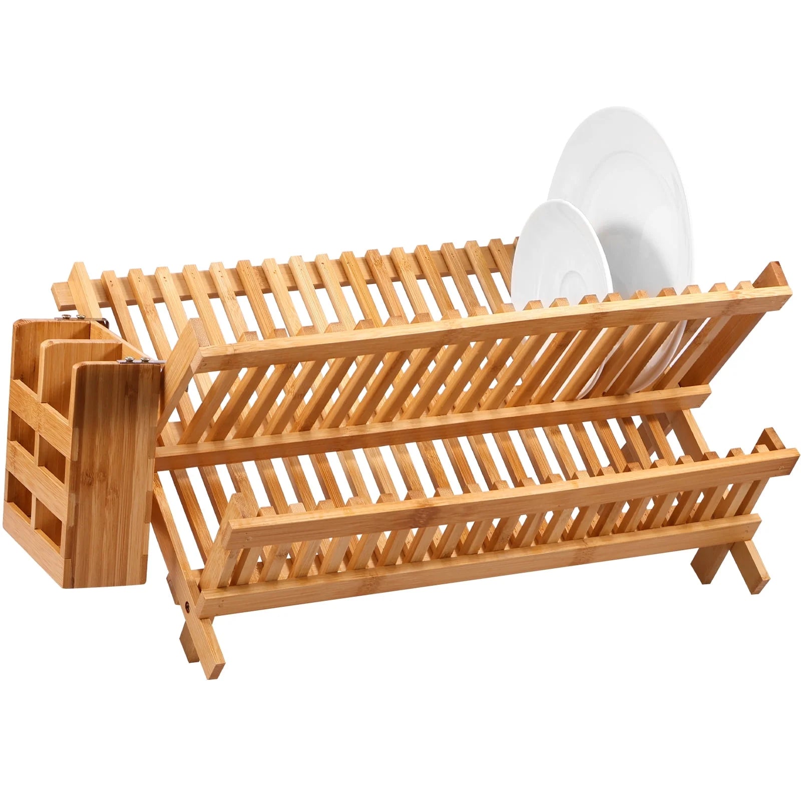 Bamboo Dish Drying Rack with Utensil Holder,Collapsible Wooden Dish Drainer Rack,2-Tier Large Folding Drying Holder for Kitchen Counter