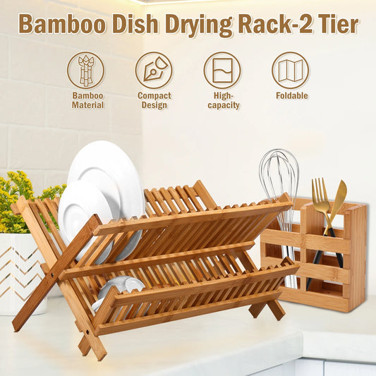 Bamboo Dish Drying Rack with Utensil Holder,Collapsible Wooden Dish Drainer Rack,2-Tier Large Folding Drying Holder for Kitchen Counter
