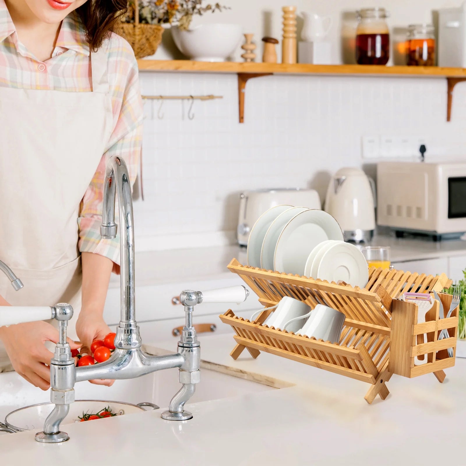 Bamboo Dish Drying Rack with Utensil Holder,Collapsible Wooden Dish Drainer Rack,2-Tier Large Folding Drying Holder for Kitchen Counter
