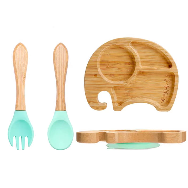 3Pcs Baby Bamboo Plate Silicone Suction Kids Wooden Feeding Tableware Non-Slip Dinnerware Baby Tableware for Baby Birthday Gift