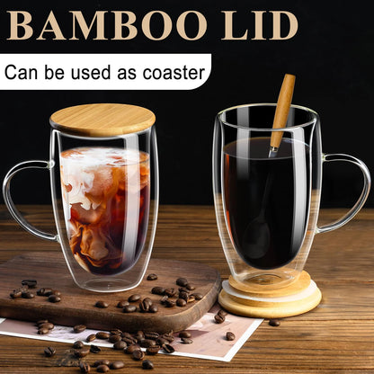 Double Wall Glass Coffee Mugs 16Oz with Bamboo Lid/Spoon, Glass Coffee Cups Set of 2 with Handle, Insulated Clear Coffee Mug, Perfect for Latte, Cappuccino, Espresso, Hot Beverage, Tea