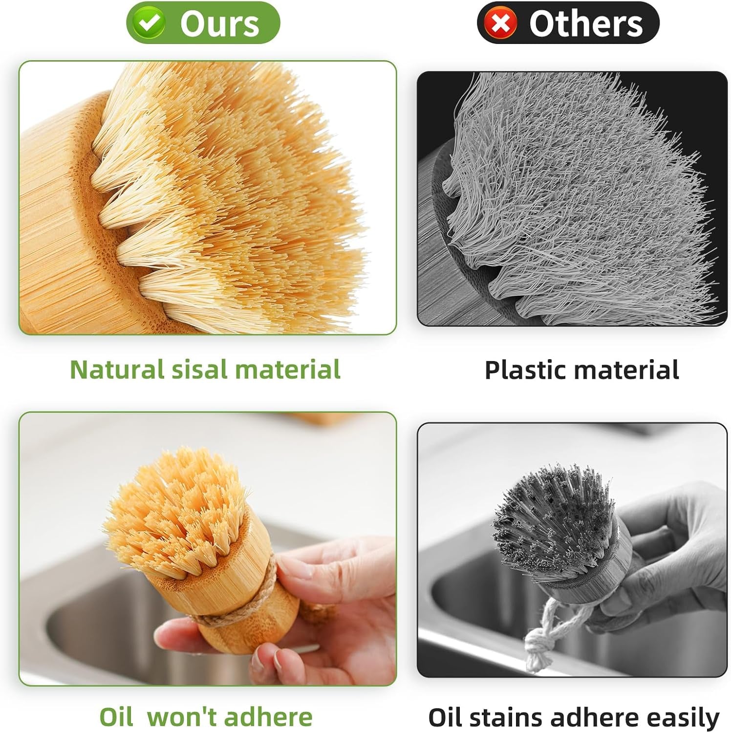 Bamboo Dish Scrub Brushes,Kitchen Wooden Cleaning Scrubbers Set for Washing Cast Iron Pan/Pot, Natural Sisal Bristles, Set of 3