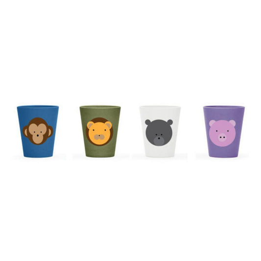 10Oz Kids Bamboo Cups Set of 4 Assorted Animals, Monkey, Pig, Lion, Bear