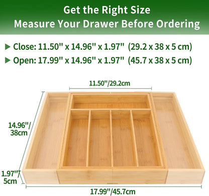 Bamboo Drawer Organizer, Expandable Silverware Drawer Organizer, Cutlery Tray with Dividers for Kitchen Utensils, Medium