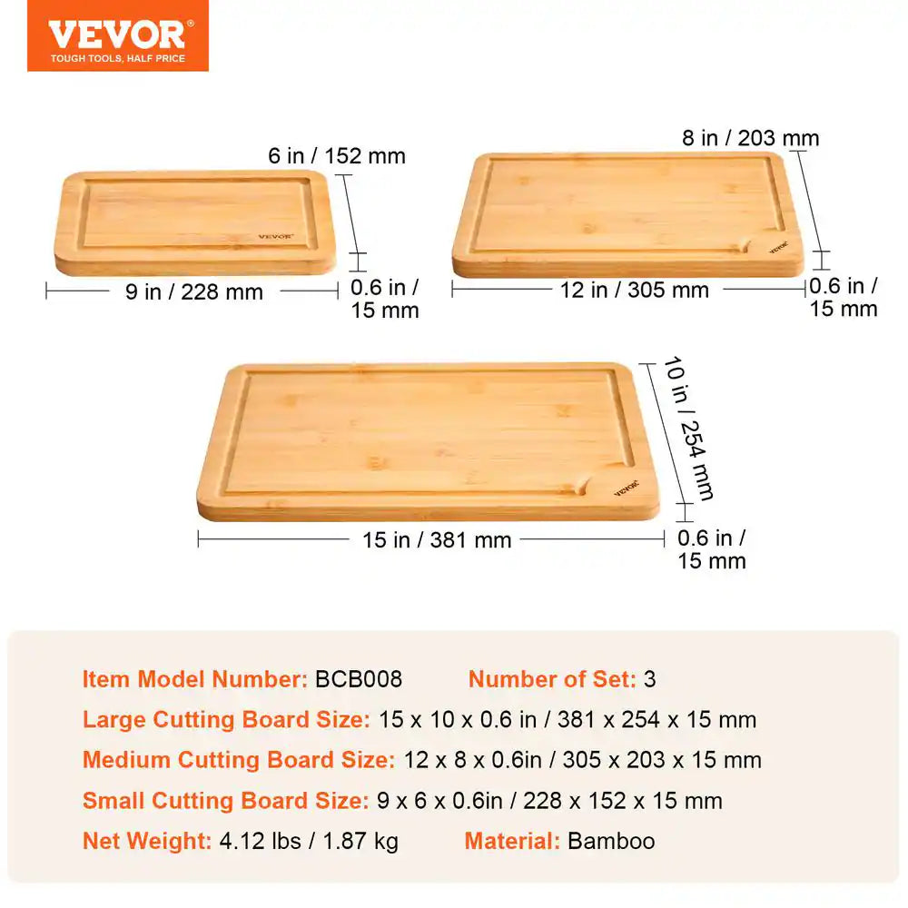 Cutting Board, 3-Pieces, Premium Versatile Bamboo Cutting Board with Food-Grade Oil and Juice Groove, Sturdy and Durable