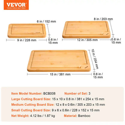 Cutting Board, 3-Pieces, Premium Versatile Bamboo Cutting Board with Food-Grade Oil and Juice Groove, Sturdy and Durable