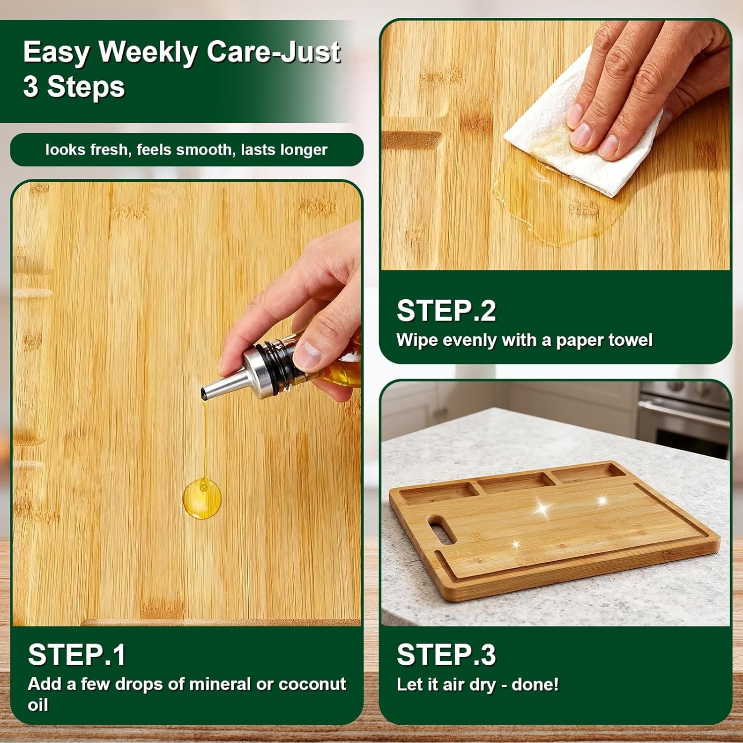 Bamboo Cutting Boards for Kitchen with 3 Compartments & Juice Grooves, Double-Sided Chopping Board with Handle, Kitchen Gifts, Wood Cutting Boards for Meats Vegetable Fruits (15.2X10.5X0.6'')