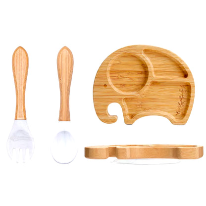 3Pcs Baby Bamboo Plate Silicone Suction Kids Wooden Feeding Tableware Non-Slip Dinnerware Baby Tableware for Baby Birthday Gift