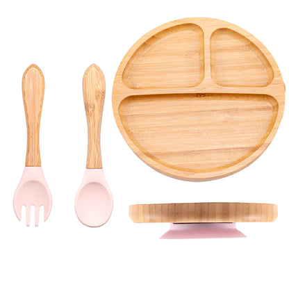 3Pcs Baby Bamboo Plate Silicone Suction Kids Wooden Feeding Tableware Non-Slip Dinnerware Baby Tableware for Baby Birthday Gift