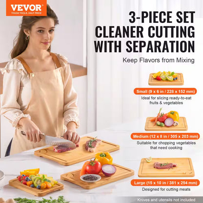 Cutting Board, 3-Pieces, Premium Versatile Bamboo Cutting Board with Food-Grade Oil and Juice Groove, Sturdy and Durable