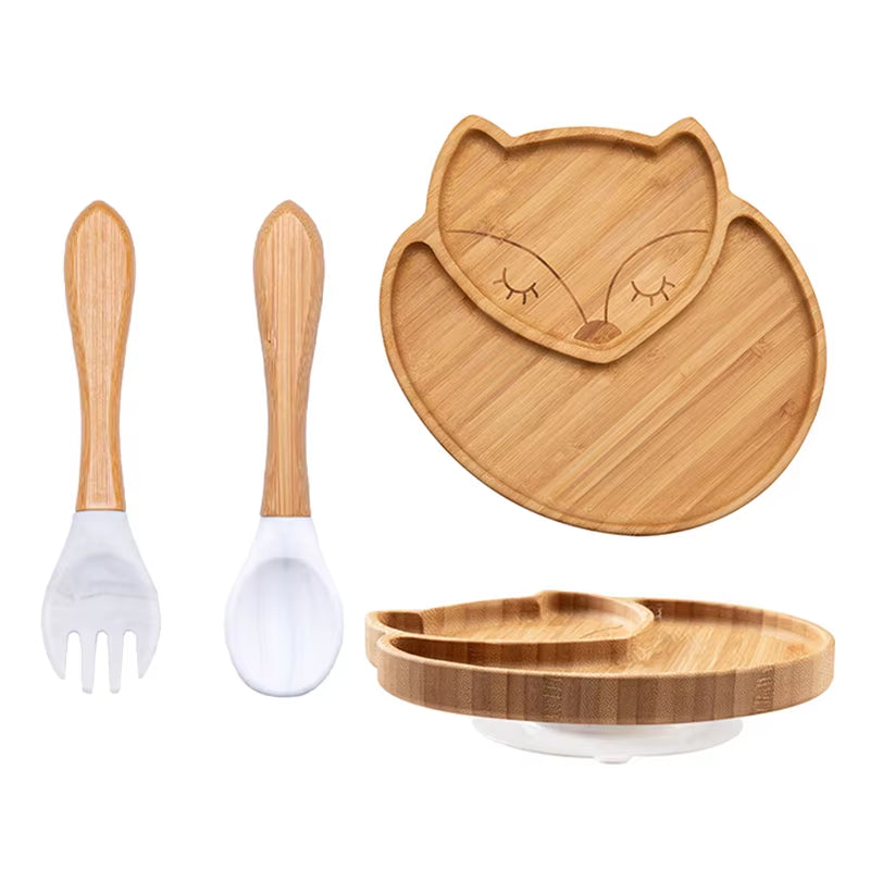 3Pcs Baby Bamboo Plate Silicone Suction Kids Wooden Feeding Tableware Non-Slip Dinnerware Baby Tableware for Baby Birthday Gift