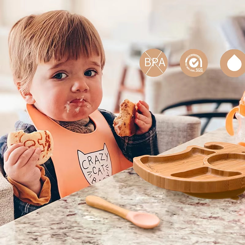 3Pcs Baby Bamboo Plate Silicone Suction Kids Wooden Feeding Tableware Non-Slip Dinnerware Baby Tableware for Baby Birthday Gift