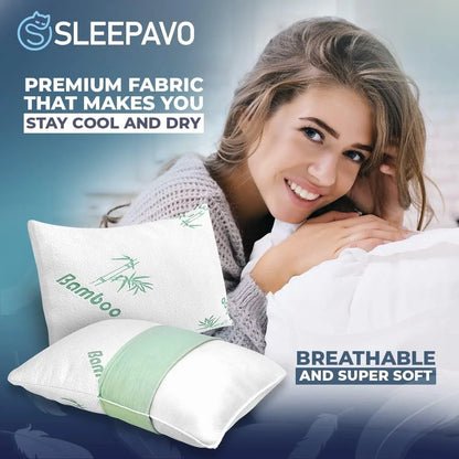 Memory Foam Pillows Queen Size Set of 2 - Cooling Bed Pillows for Sleeping - Back, Stomach, Side Sleeper Firm, Comfy Cool Shredded - 2 Pack, Rayon Derived from Bamboo for Adult, Teen, Kids