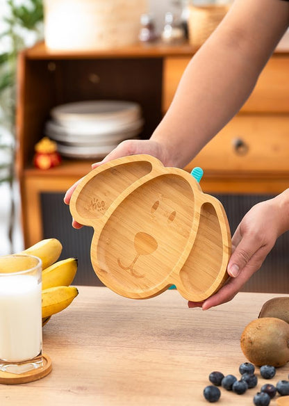 Toddler Plates, Bamboo Baby Suction Plates, Bamboo Suction Plates for Toddlers, Stay Put Feeding Plates, Wooden Divided Plate, Baby Dishes, Kids Plates, BPA Free | Max_Blue
