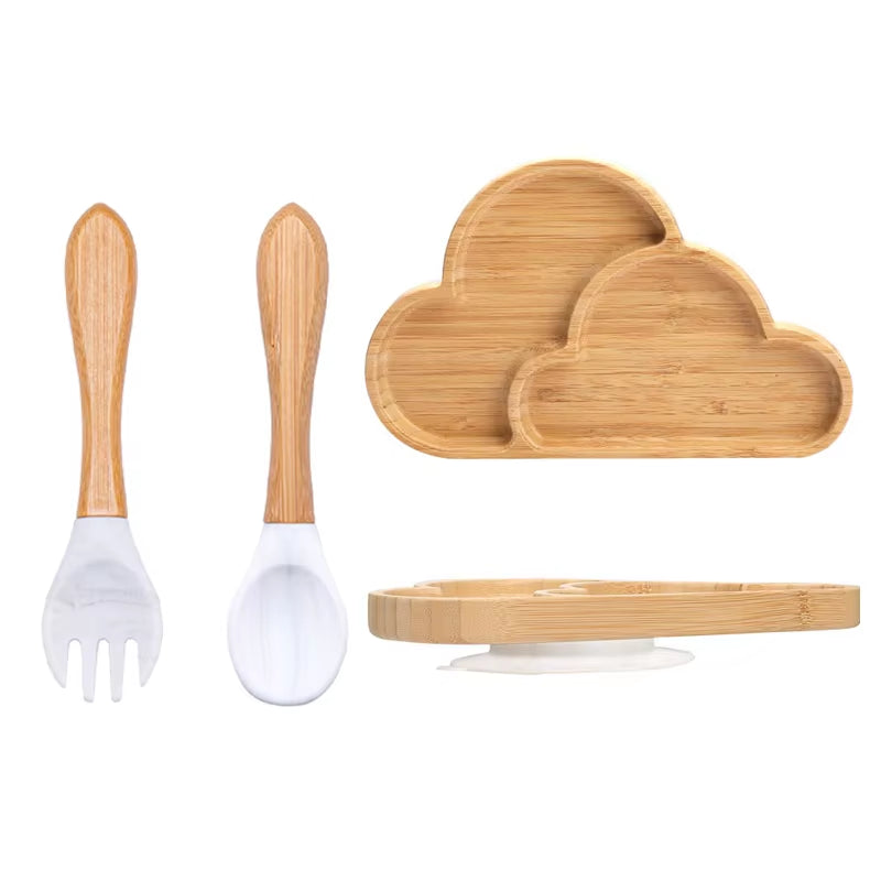 3Pcs Baby Bamboo Plate Silicone Suction Kids Wooden Feeding Tableware Non-Slip Dinnerware Baby Tableware for Baby Birthday Gift