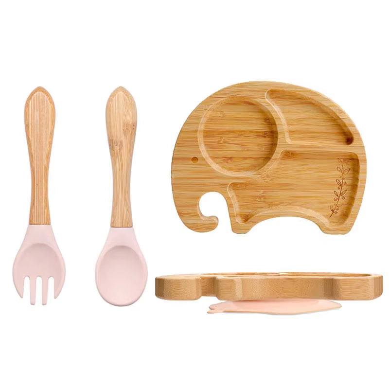 3Pcs Baby Bamboo Plate Silicone Suction Kids Wooden Feeding Tableware Non-Slip Dinnerware Baby Tableware for Baby Birthday Gift