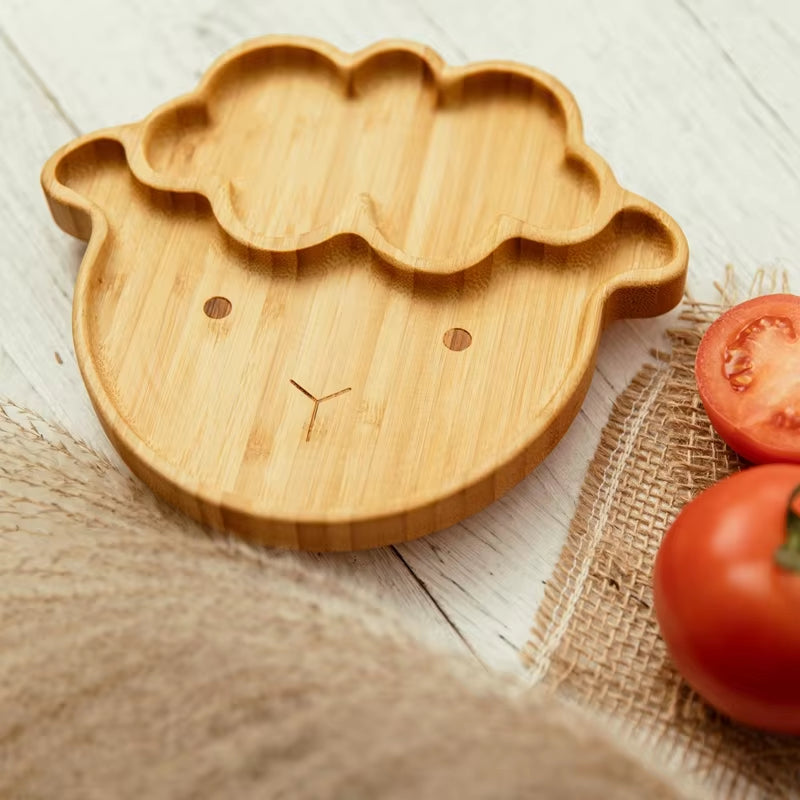 3Pcs Baby Bamboo Plate Silicone Suction Kids Wooden Feeding Tableware Non-Slip Dinnerware Baby Tableware for Baby Birthday Gift