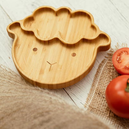 3Pcs Baby Bamboo Plate Silicone Suction Kids Wooden Feeding Tableware Non-Slip Dinnerware Baby Tableware for Baby Birthday Gift