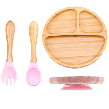 3Pcs Baby Bamboo Plate Silicone Suction Kids Wooden Feeding Tableware Non-Slip Dinnerware Baby Tableware for Baby Birthday Gift