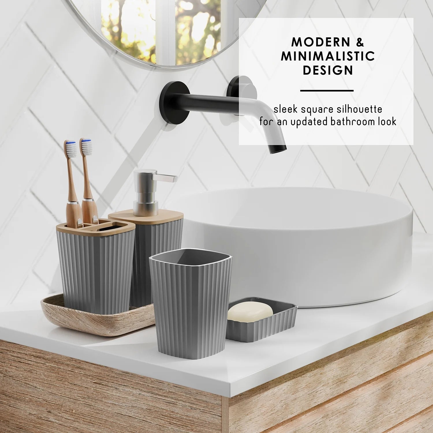 Virtu 6 Piece Bamboo Bathroom Sets, Gray Bathroom Accessories Set for Minimalistic Bathroom Décor