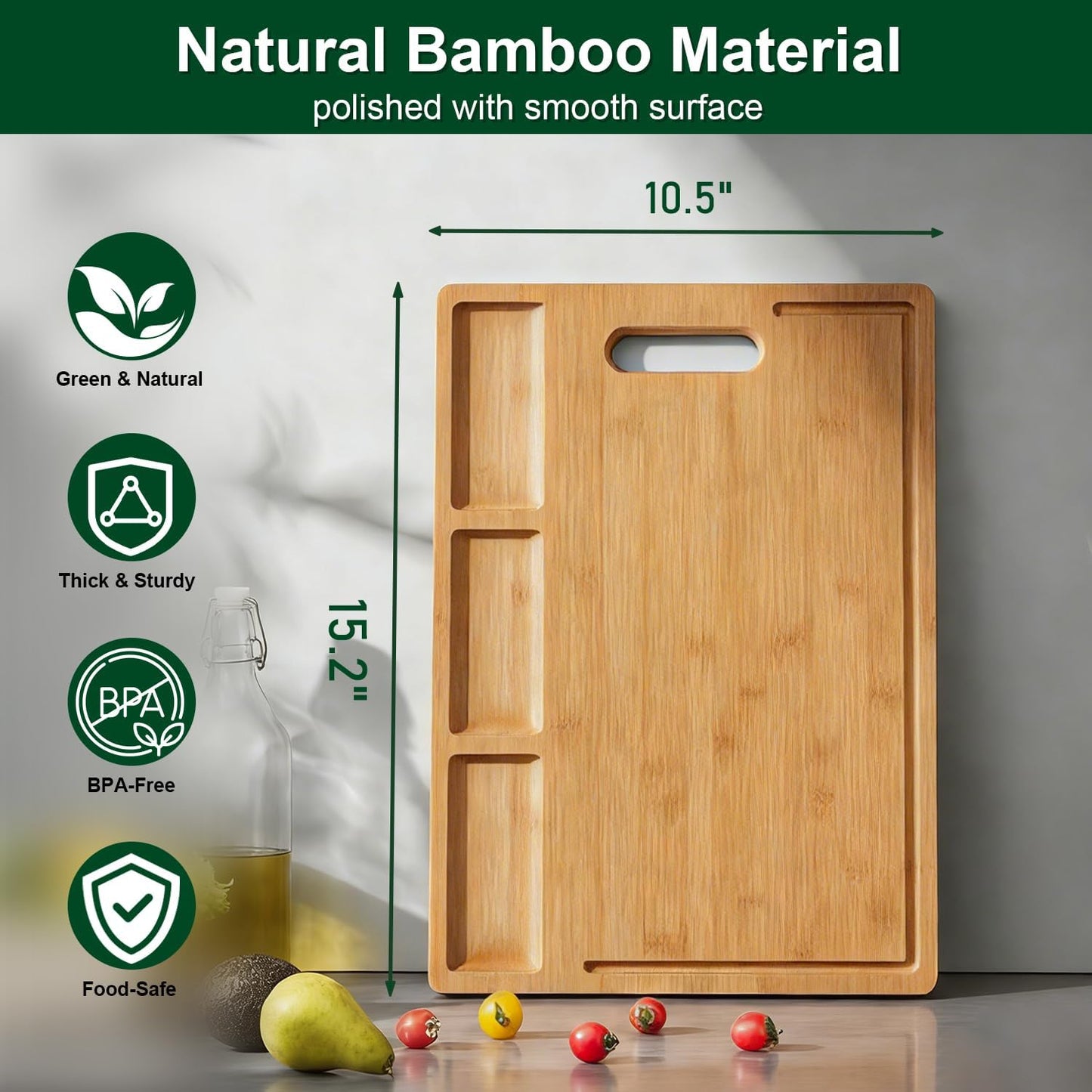 Bamboo Cutting Boards for Kitchen with 3 Compartments & Juice Grooves, Double-Sided Chopping Board with Handle, Kitchen Gifts, Wood Cutting Boards for Meats Vegetable Fruits (15.2X10.5X0.6'')