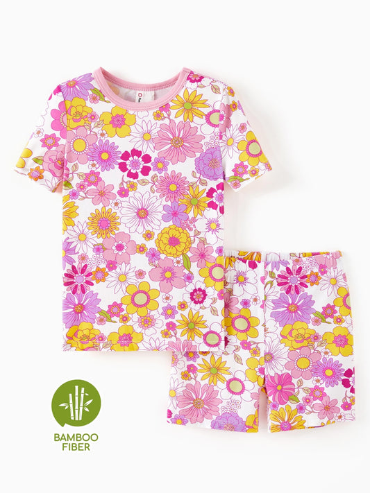 Toddler Girls Pajamas Viscose from Bamboo Kids 2-Piece Pj Set Gifts Short Sleeve Tops Pants Snug Sleepwear Sizes 5T