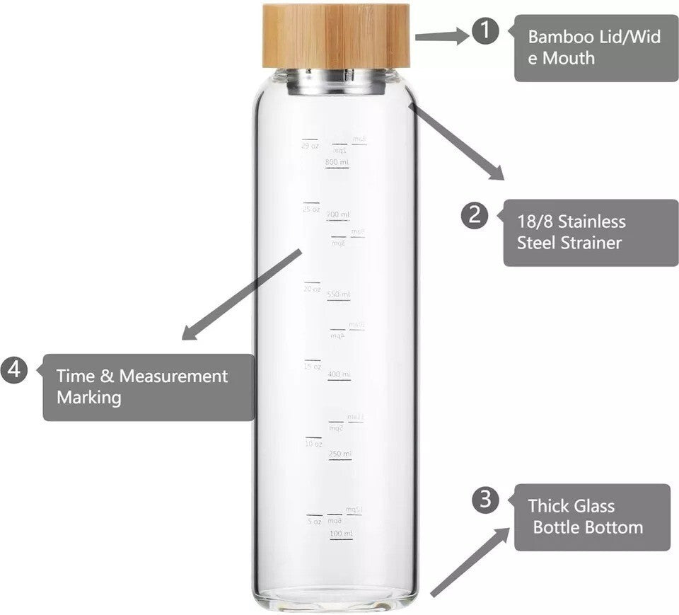 Glass Water Bottle 32 Oz Wide Mouth with Sleeve Bamboo Lid 1 Litre Motivational