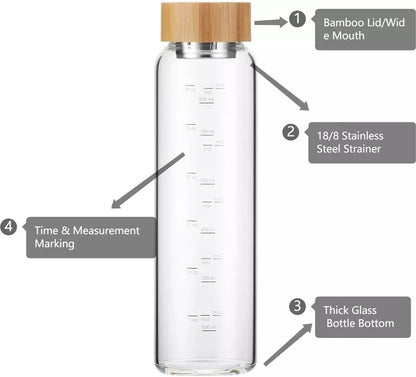 Glass Water Bottle 32 Oz Wide Mouth with Sleeve Bamboo Lid 1 Litre Motivational