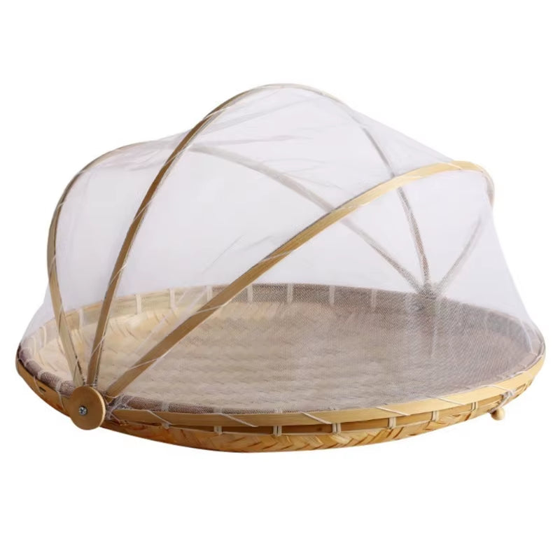 Handmade Bamboo Woven Fruit Vegetable Basket with Mosquito Proof Net round Dustproof Wicker Tray Food Bread