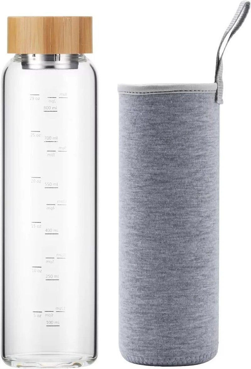 Glass Water Bottle 32 Oz Wide Mouth with Sleeve Bamboo Lid 1 Litre Motivational