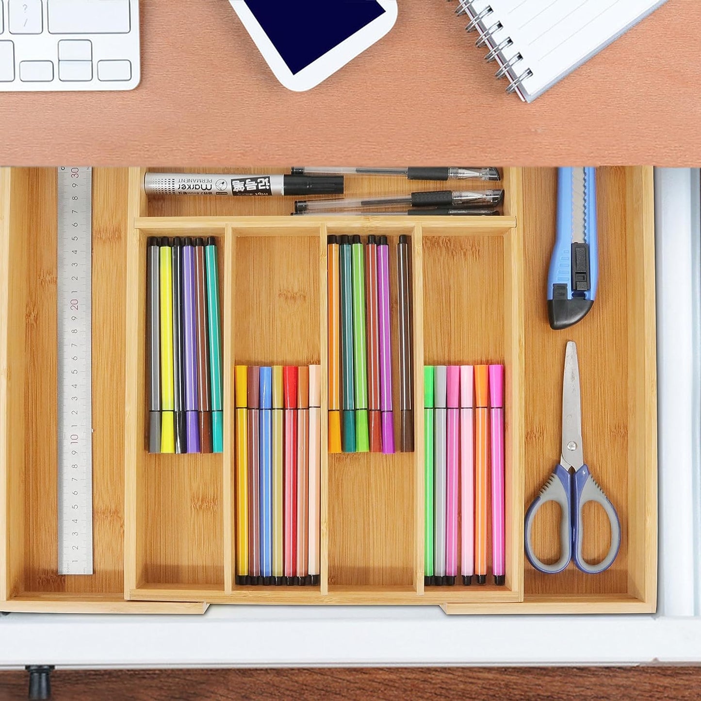 Bamboo Drawer Organizer, Expandable Silverware Drawer Organizer, Cutlery Tray with Dividers for Kitchen Utensils, Medium