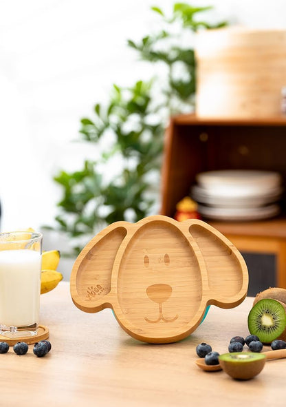 Toddler Plates, Bamboo Baby Suction Plates, Bamboo Suction Plates for Toddlers, Stay Put Feeding Plates, Wooden Divided Plate, Baby Dishes, Kids Plates, BPA Free | Max_Blue