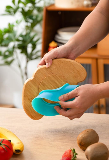 Toddler Plates, Bamboo Baby Suction Plates, Bamboo Suction Plates for Toddlers, Stay Put Feeding Plates, Wooden Divided Plate, Baby Dishes, Kids Plates, BPA Free | Max_Blue