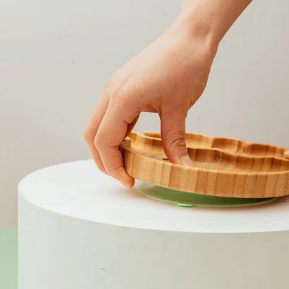 3Pcs Baby Bamboo Plate Silicone Suction Kids Wooden Feeding Tableware Non-Slip Dinnerware Baby Tableware for Baby Birthday Gift
