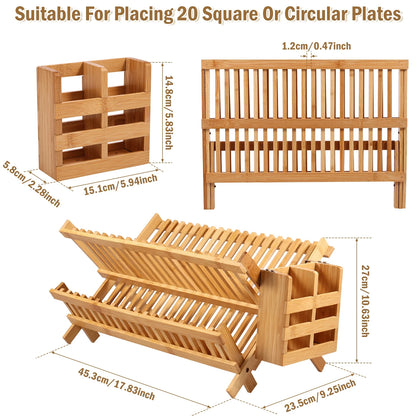 Bamboo Dish Drying Rack with Utensil Holder,Collapsible Wooden Dish Drainer Rack,2-Tier Large Folding Drying Holder for Kitchen Counter