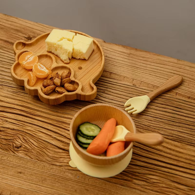 3Pcs Baby Bamboo Plate Silicone Suction Kids Wooden Feeding Tableware Non-Slip Dinnerware Baby Tableware for Baby Birthday Gift