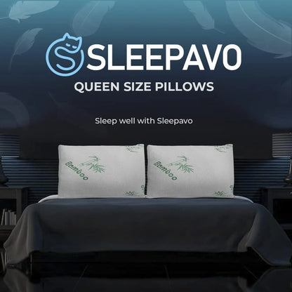 Memory Foam Pillows Queen Size Set of 2 - Cooling Bed Pillows for Sleeping - Back, Stomach, Side Sleeper Firm, Comfy Cool Shredded - 2 Pack, Rayon Derived from Bamboo for Adult, Teen, Kids