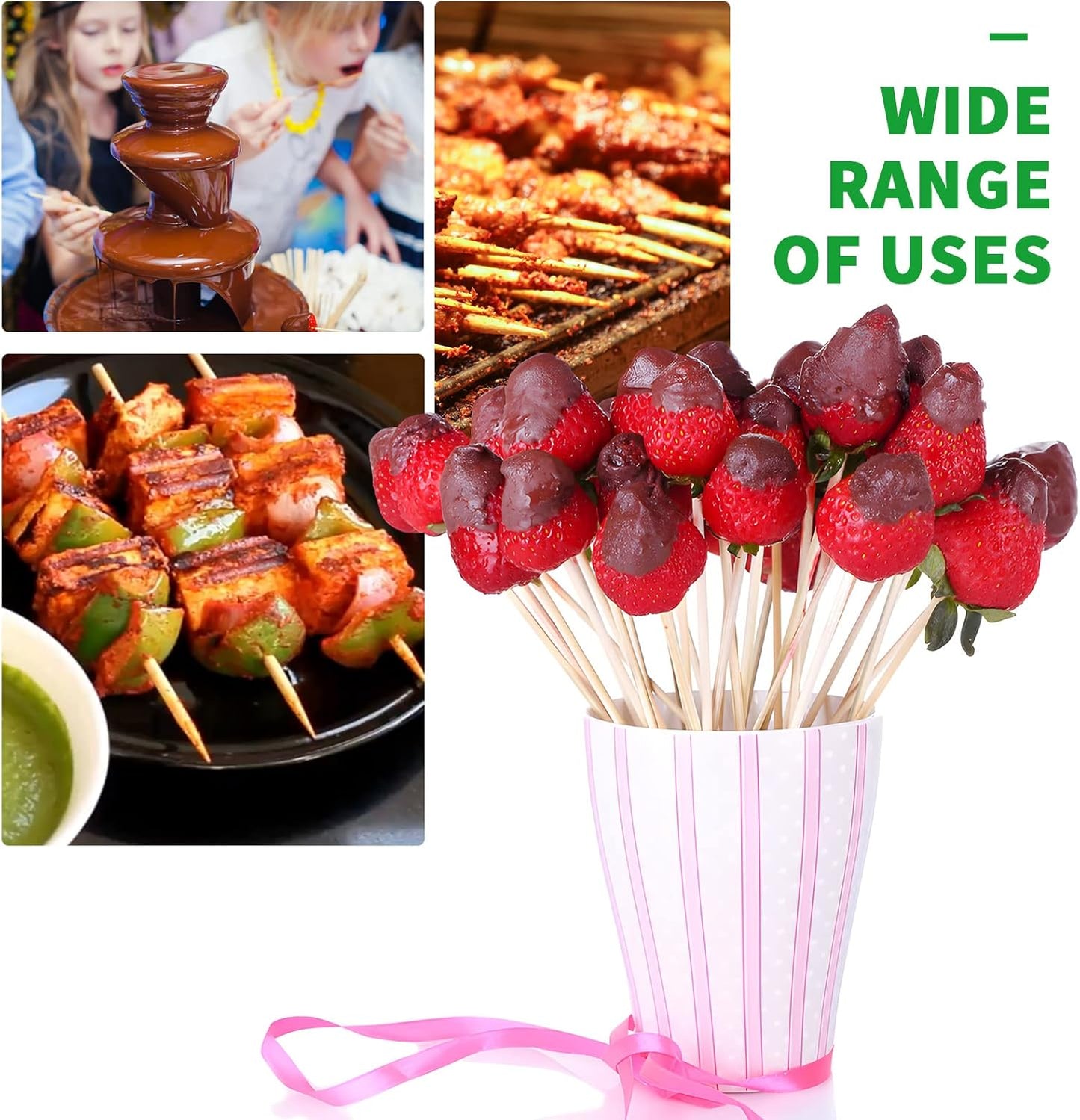 [100 PCS] 10 Inch Bamboo Skewers, Premium Wooden Skewers without Splinters, Skewers for Grilling, BBQ, Appetizer, Fruit Kabobs, Chocolate Fountain, Cocktail Toothpicks, and Food Skewer Sticks.