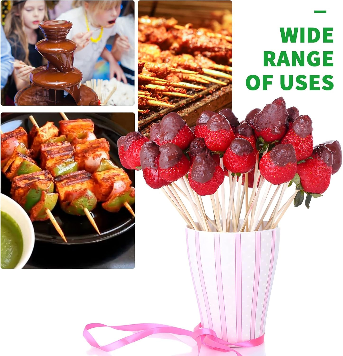 [100 PCS] 10 Inch Bamboo Skewers, Premium Wooden Skewers without Splinters, Skewers for Grilling, BBQ, Appetizer, Fruit Kabobs, Chocolate Fountain, Cocktail Toothpicks, and Food Skewer Sticks.