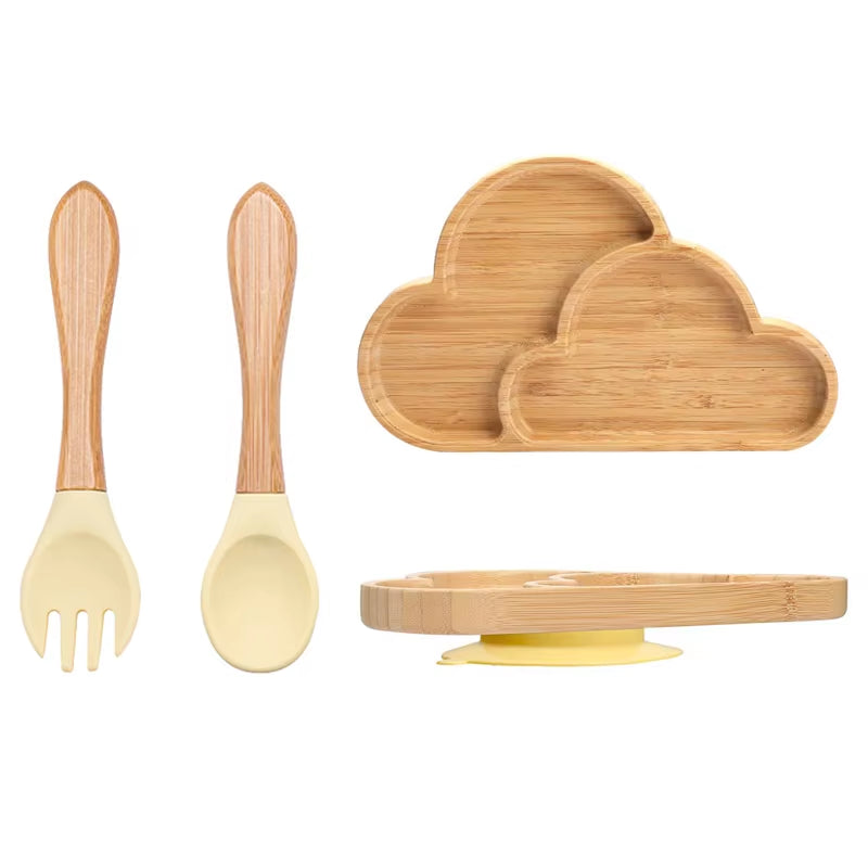 3Pcs Baby Bamboo Plate Silicone Suction Kids Wooden Feeding Tableware Non-Slip Dinnerware Baby Tableware for Baby Birthday Gift