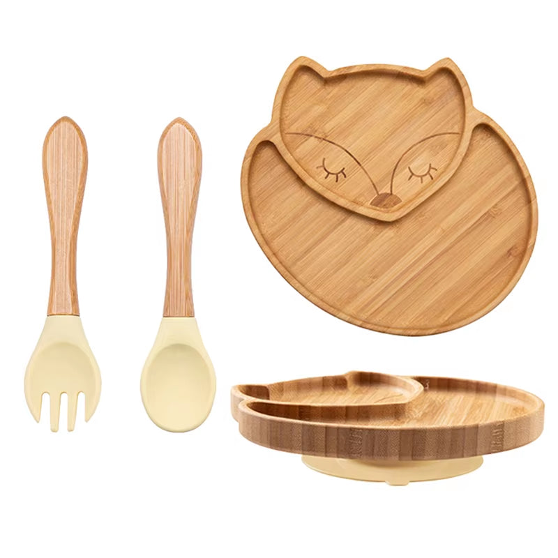 3Pcs Baby Bamboo Plate Silicone Suction Kids Wooden Feeding Tableware Non-Slip Dinnerware Baby Tableware for Baby Birthday Gift