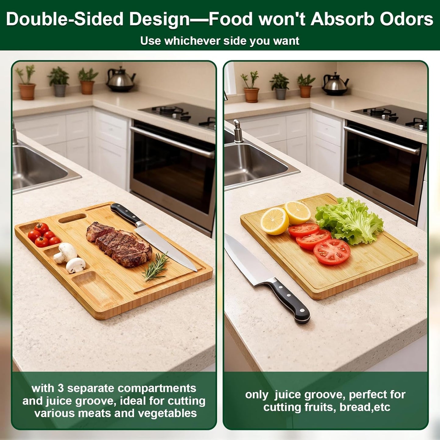 Bamboo Cutting Boards for Kitchen with 3 Compartments & Juice Grooves, Double-Sided Chopping Board with Handle, Kitchen Gifts, Wood Cutting Boards for Meats Vegetable Fruits (15.2X10.5X0.6'')