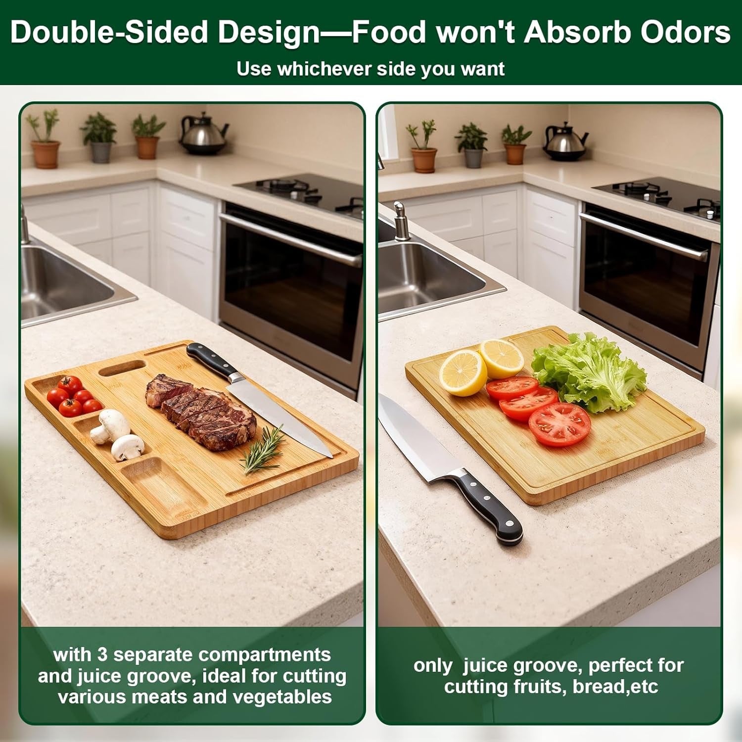 Bamboo Cutting Boards for Kitchen with 3 Compartments & Juice Grooves, Double-Sided Chopping Board with Handle, Kitchen Gifts, Wood Cutting Boards for Meats Vegetable Fruits (15.2X10.5X0.6'')