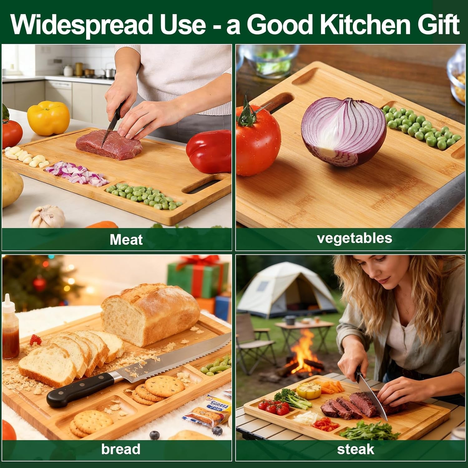 Bamboo Cutting Boards for Kitchen with 3 Compartments & Juice Grooves, Double-Sided Chopping Board with Handle, Kitchen Gifts, Wood Cutting Boards for Meats Vegetable Fruits (15.2X10.5X0.6'')