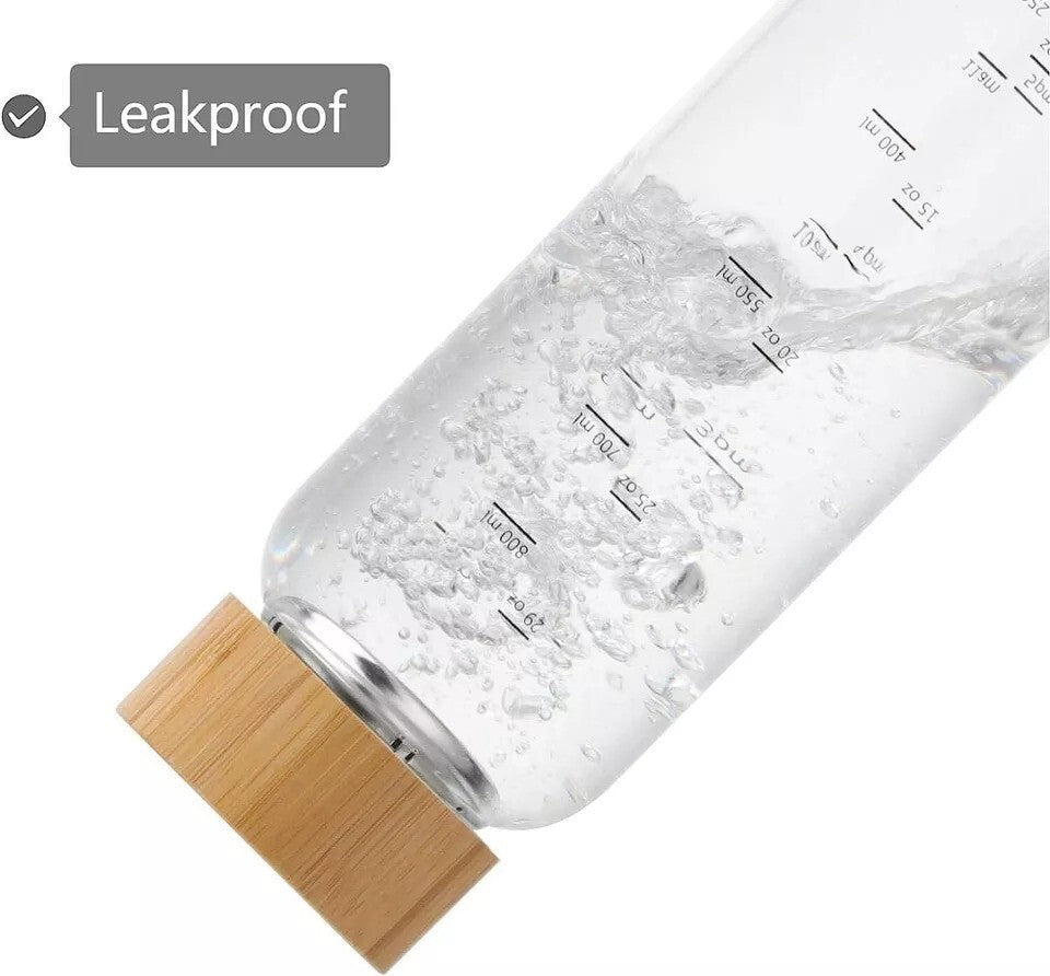 Glass Water Bottle 32 Oz Wide Mouth with Sleeve Bamboo Lid 1 Litre Motivational