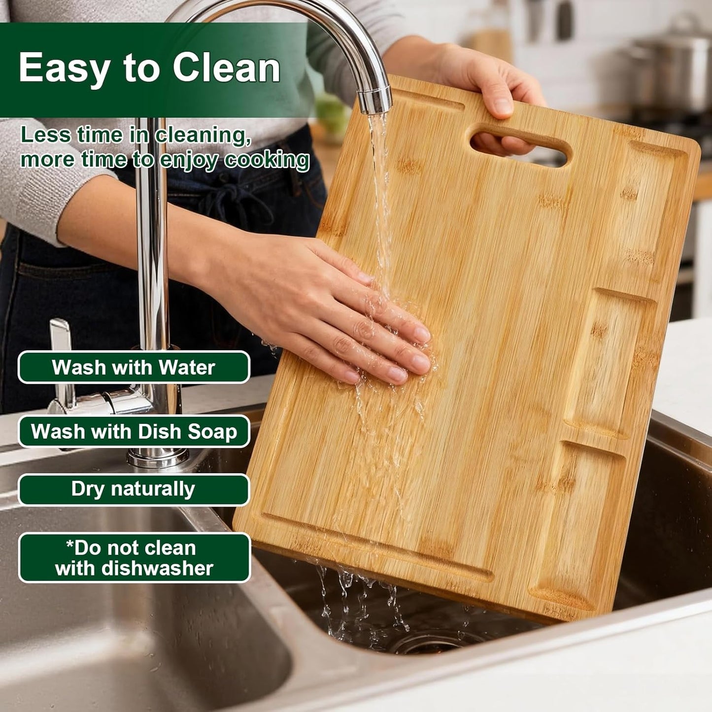 Bamboo Cutting Boards for Kitchen with 3 Compartments & Juice Grooves, Double-Sided Chopping Board with Handle, Kitchen Gifts, Wood Cutting Boards for Meats Vegetable Fruits (15.2X10.5X0.6'')