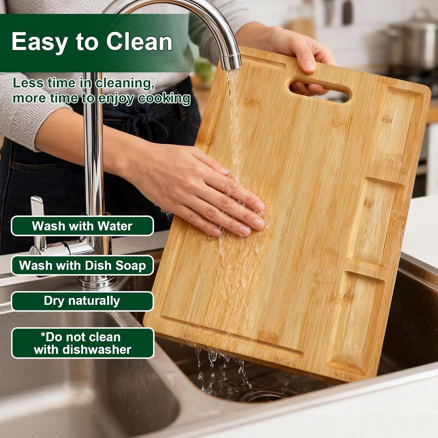 Bamboo Cutting Boards for Kitchen with 3 Compartments & Juice Grooves, Double-Sided Chopping Board with Handle, Kitchen Gifts, Wood Cutting Boards for Meats Vegetable Fruits (15.2X10.5X0.6'')